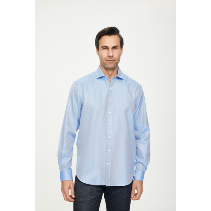 Camicia Uomo 1 Bottone Francese Twill Riga Media Blu Inchiostro\Bianco