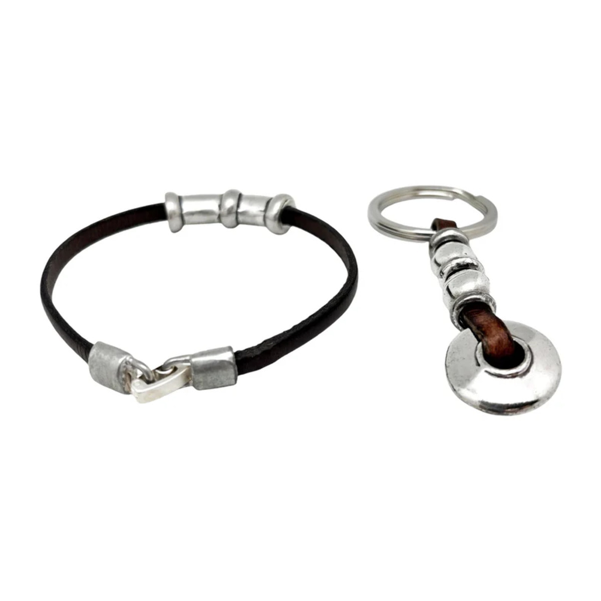 Conjunto llavero y pulsera en cuero marrón Tub1