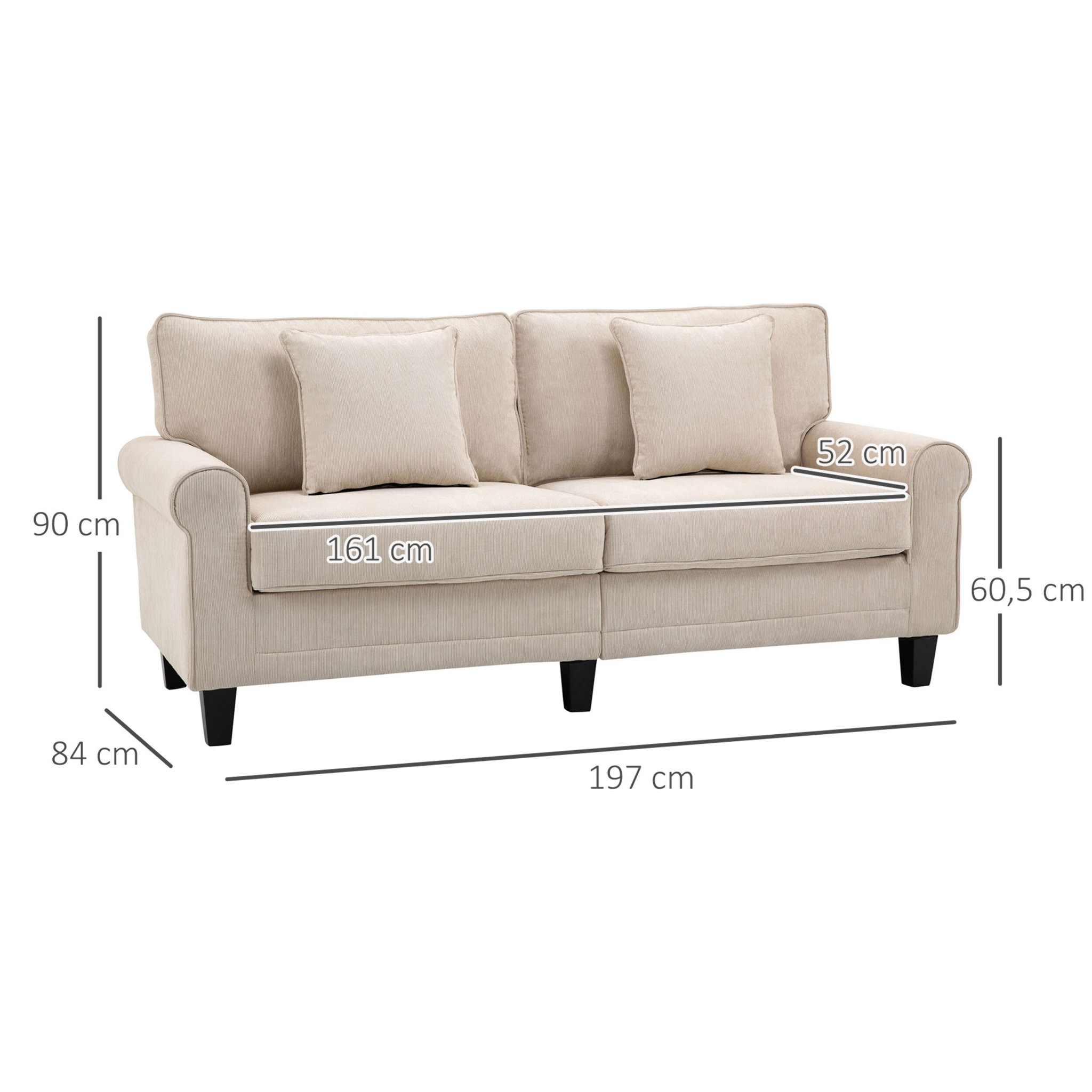 Canapé 3 places dim. 197L x 84P x 90H cm coussin déco. inclus pieds bois massif pin tissu aspect velours côtelé beige