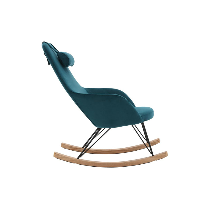 Rocking chair design en tissu velours gaufré bleu canard, métal noir et bois clair JHENE