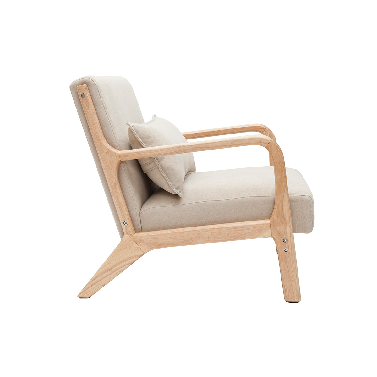 Fauteuil scandinave en tissu effet velours beige et bois clair massif DERRY