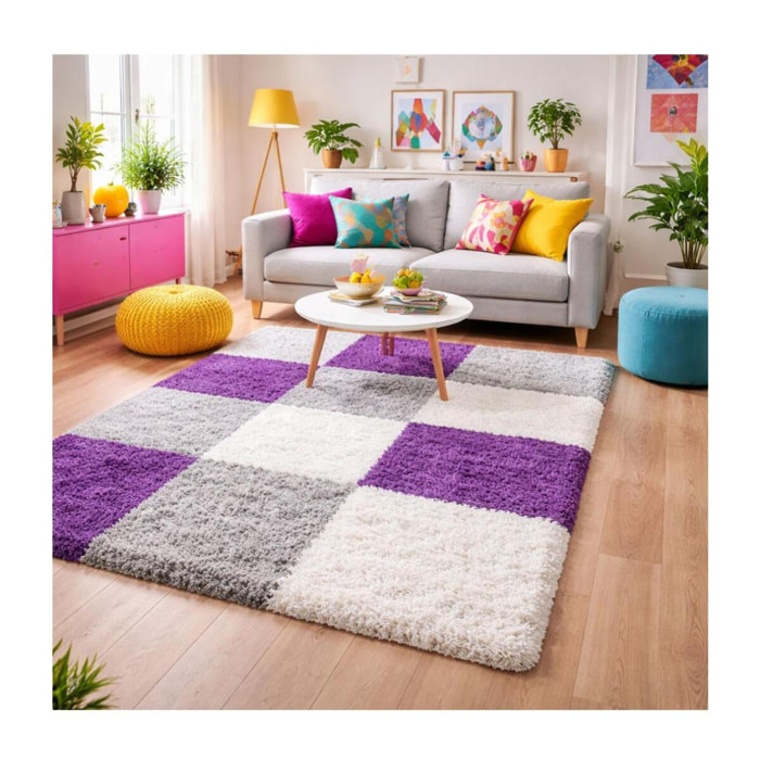 Tapis poils longs shaggy tissé motif damier JOJU