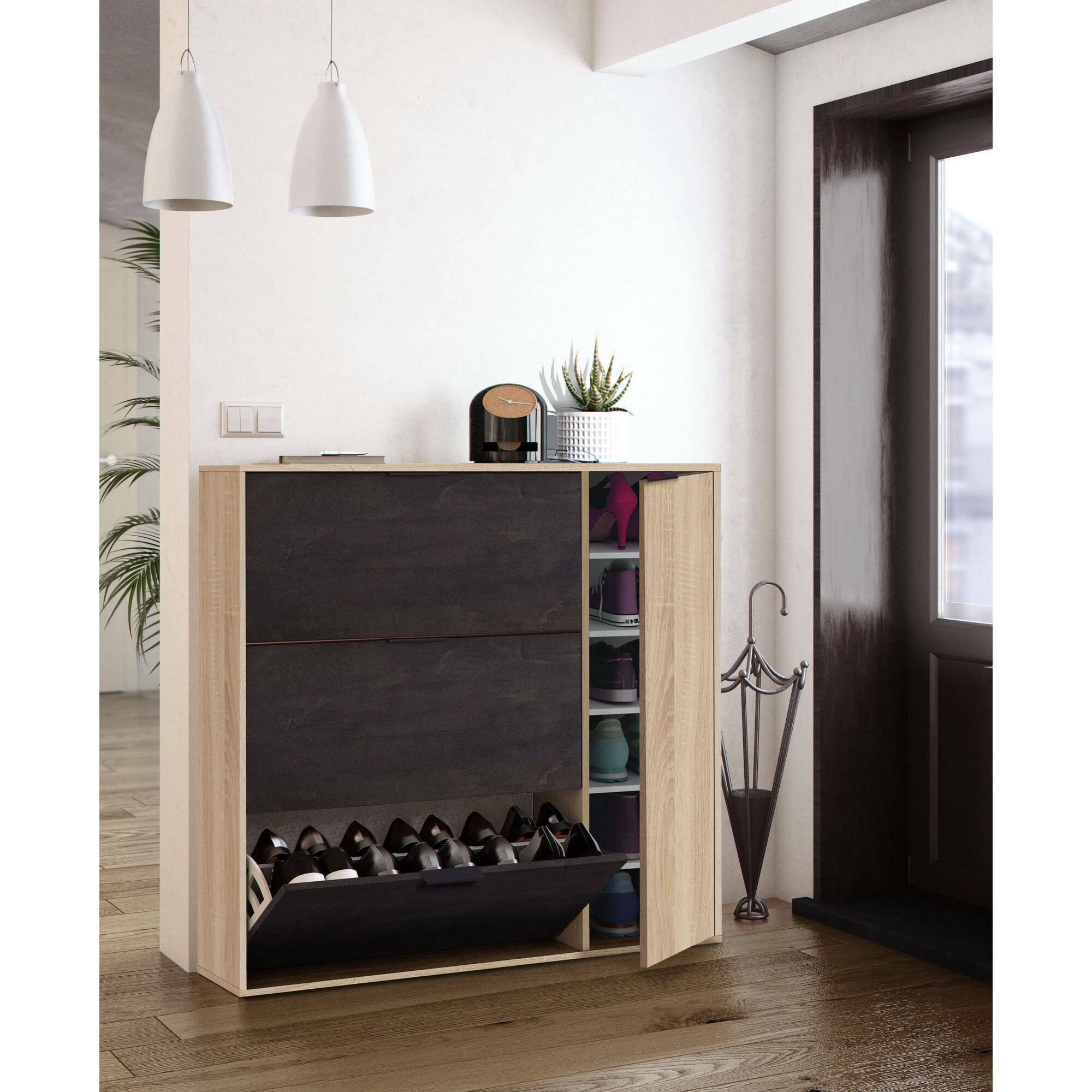 Scarpiera Provo, Armadio portascarpe a 4 ante, Mobile basso multiuso con 5 ripiani, Scarpiera moderna, cm 106x22h115, Rovere e Nero