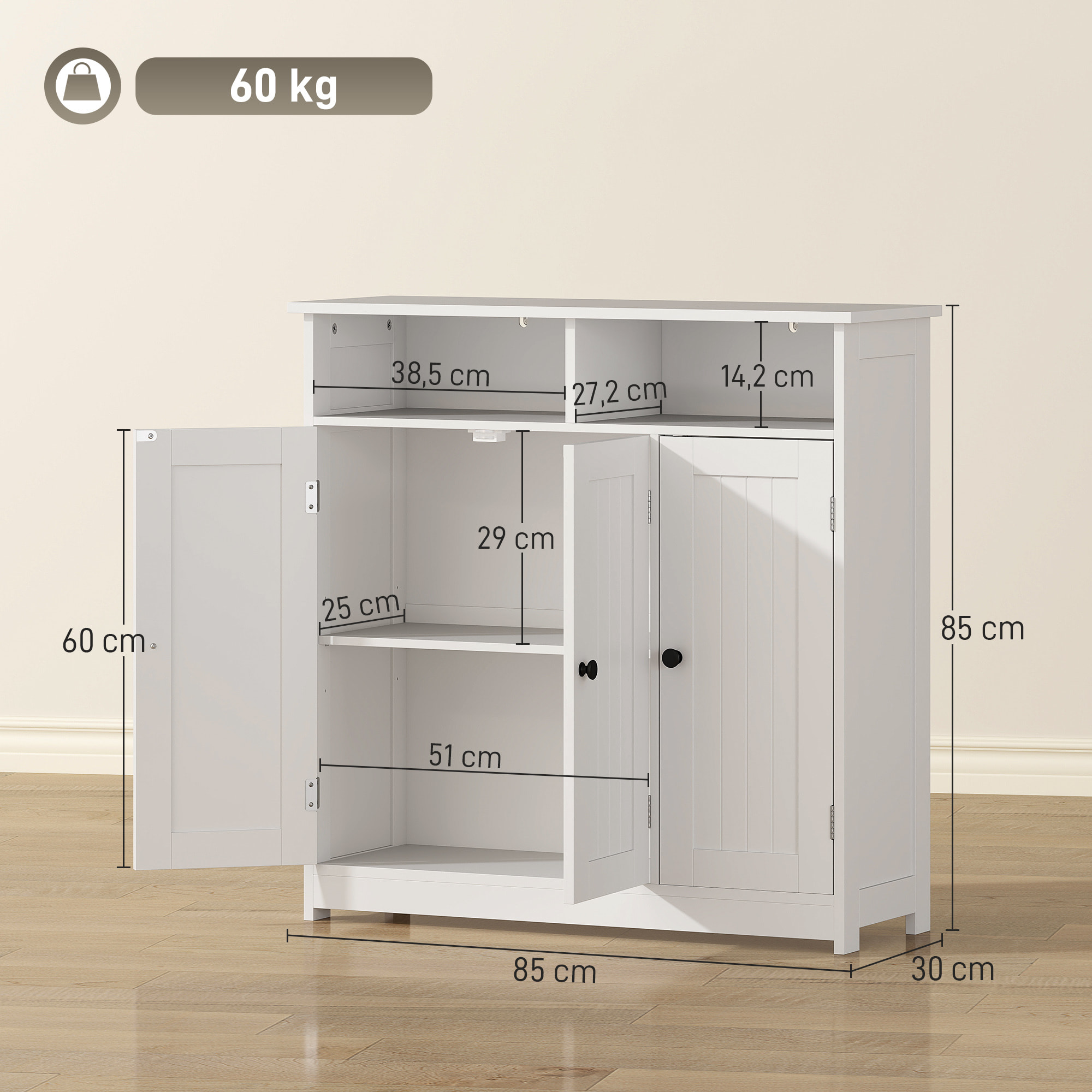 Mueble de Baño, Armario de Baño Estrecho con 3 Puertas, 2 Compartimentos Abiertos, Estante Ajustable, para Sala de Estar, Cocina, 85x30x85 cm, Blanco