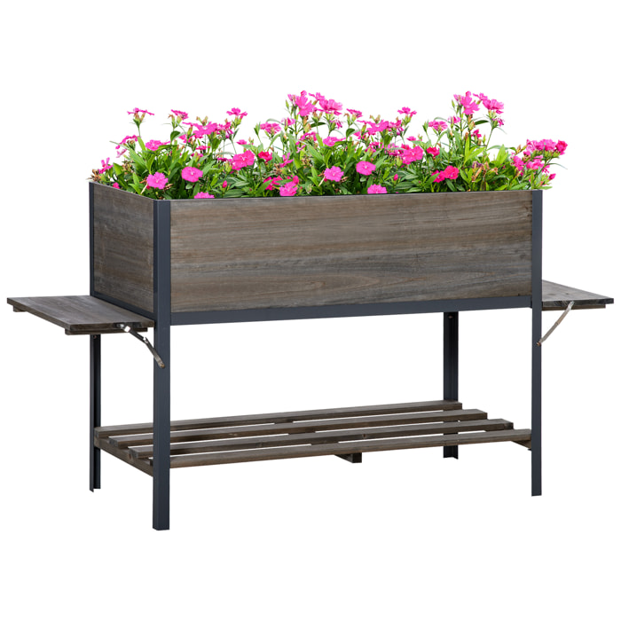 Huerto Urbano Elevado de Madera 140x46x75,5 cm Mesa de Cultivo de Jardín con 2 Baldas Laterales Estante Inferior y 2 Orificios de Drenaje para Plantas Flores Gris