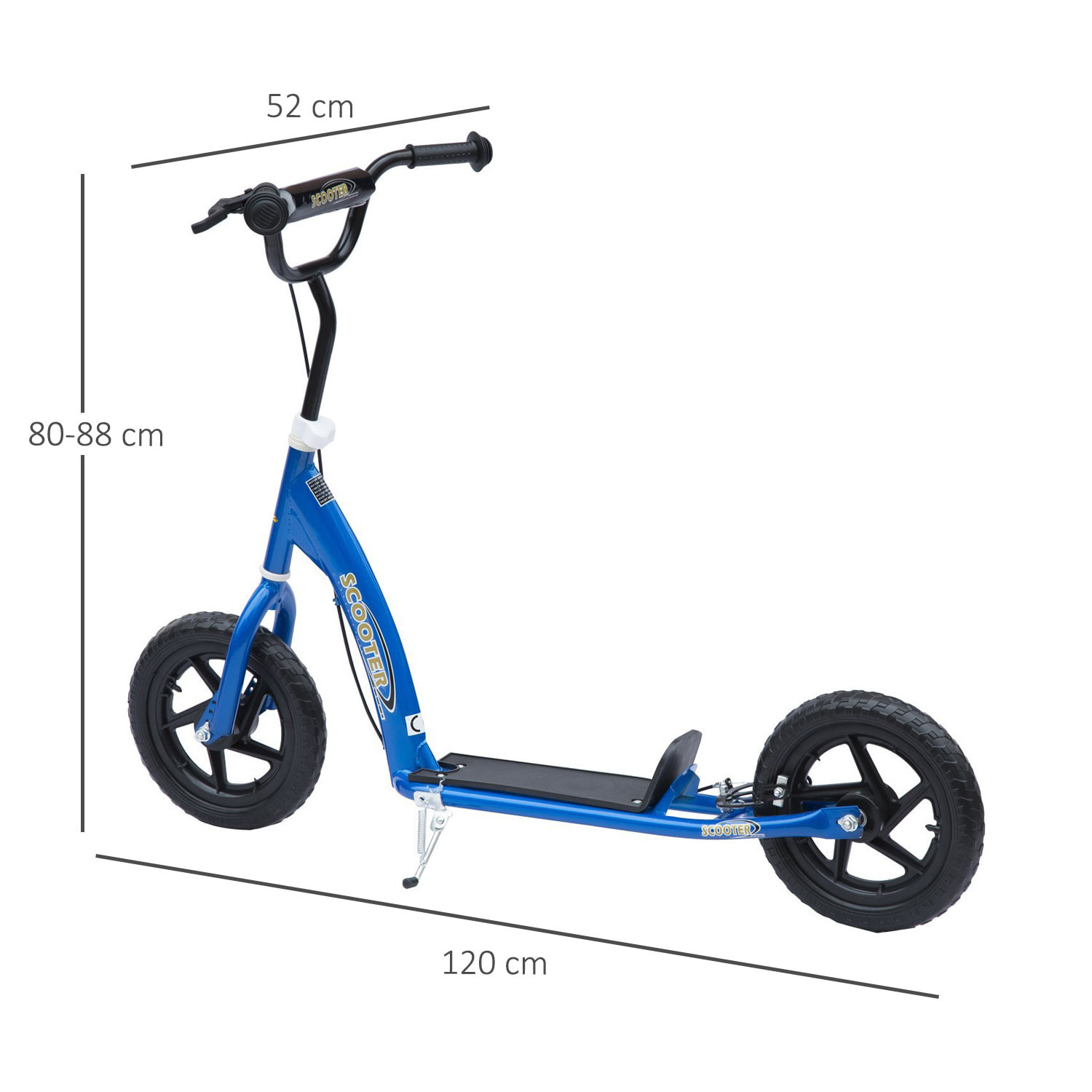 Patinete para Niños de +5 Años Scooter de 2 Ruedas Grandes de 12 Pulgadas con Freno y Manillar Ajustable en Altura Carga Máx.50kg 120x52x80-88cm Azul