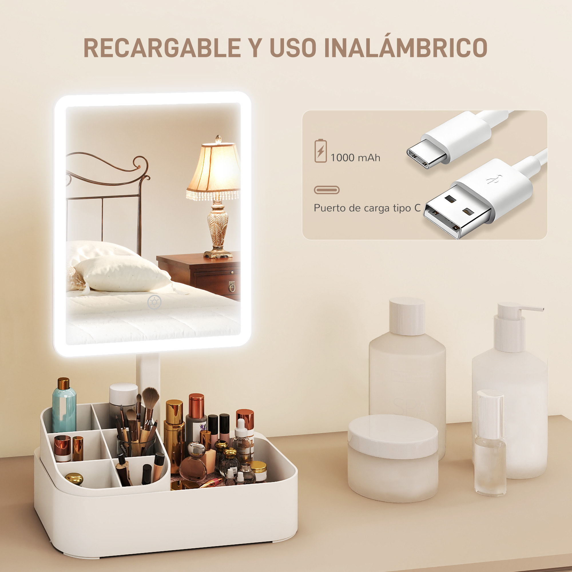 Espejo Maquillaje con Luz LED, Espejo Tocador Recargable con 2 Modos de Iluminación, Rotación de 180°, Brillo Ajustable, Compartimentos, Interruptor Táctil, para Cuidado de Piel, Blanco