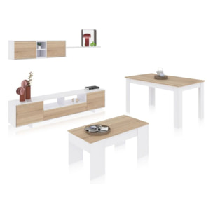 Pack salón con mesa de centro y mesa de comedor Kenzo Max V2B Blanco Brillo - Roble Canadian