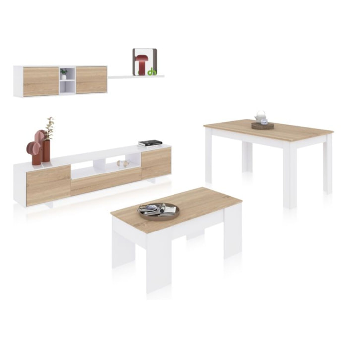 Pack salón con mesa de centro y mesa de comedor Kenzo Max V2B Blanco Brillo - Roble Canadian