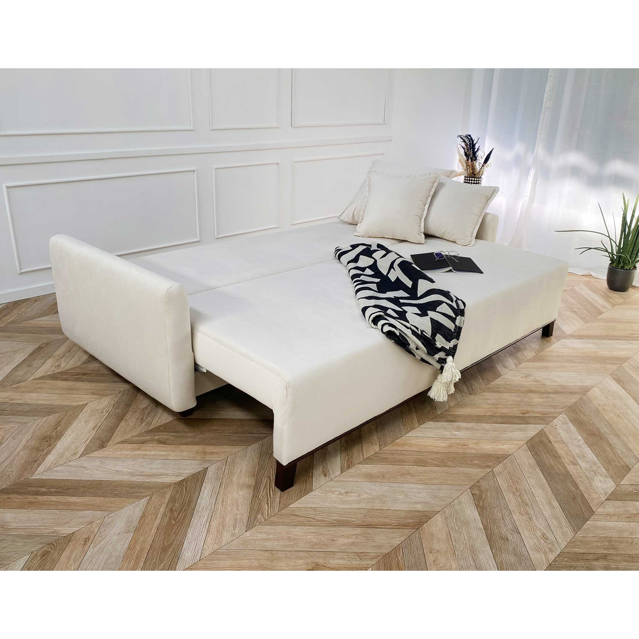 Apia - canapé 3 places - convertible avec coffre - en velours - Beige