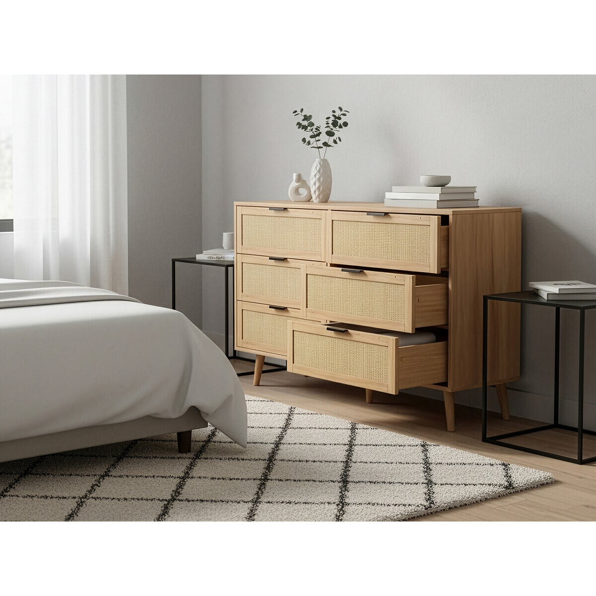 Commode en bois et cannage "Preston" - 120 x 40 x 75 cm - Beige