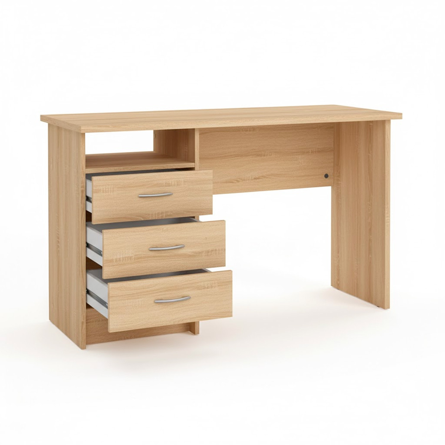 Scrivania Moderna Con 3 Cassetti E Vano a Giorno Desk Salvaspazio Per Home Office Studio E Cameretta Piano di Lavoro Ampio 120.1X48.1X72.6 Cm Rovere