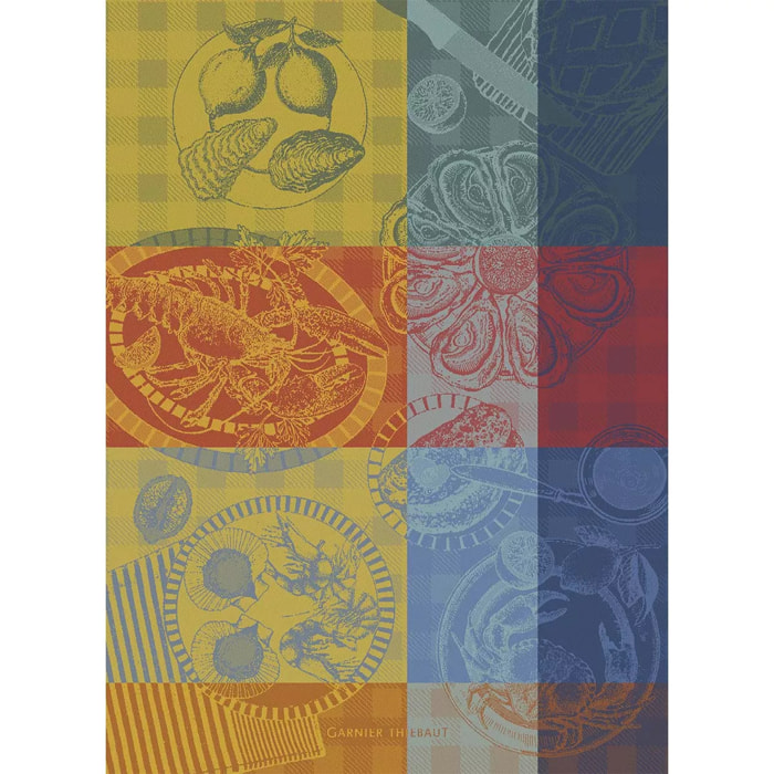 Torchon pur coton motif jacquard bleu jaune Sea food citronne