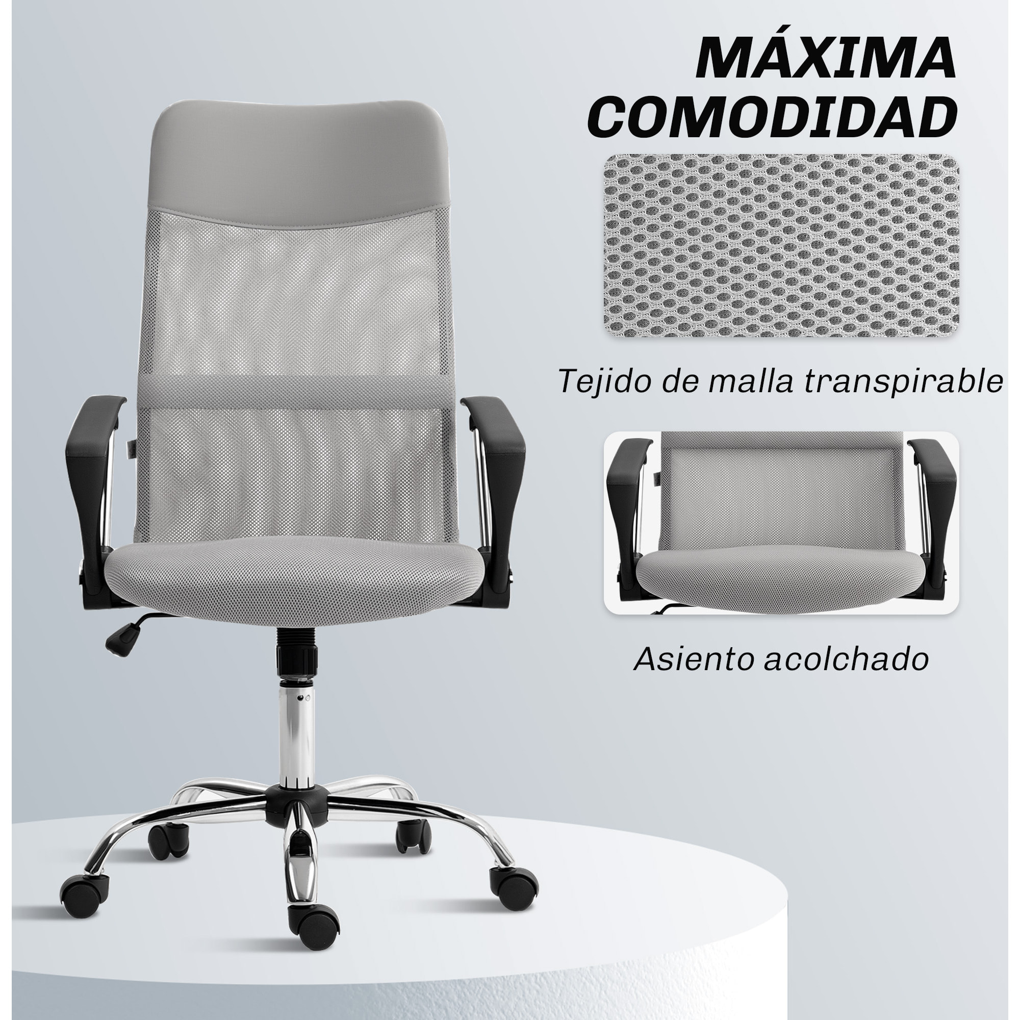 Silla de Oficina de Malla Silla de Escritorio Giratoria con Altura Ajustable Función Basculante Respaldo y Asiento Transpirable Carga 120 kg para Estudio Gris Claro