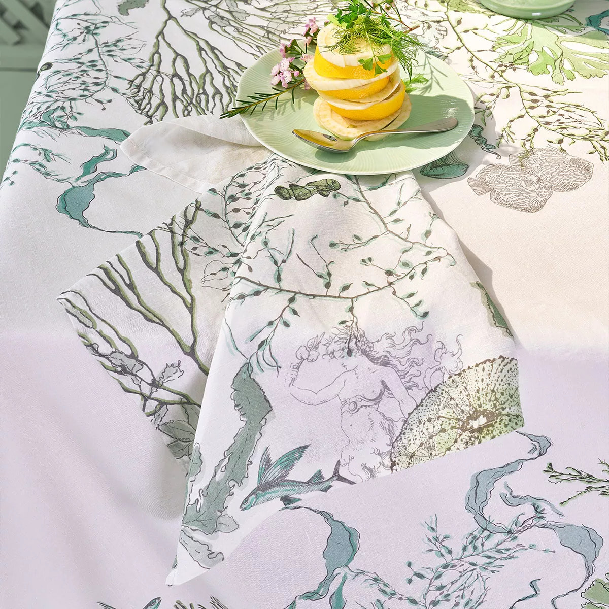 Nappe lin & coton lavé 150 g/m² imprimé blanc bleu vert Balade marine verde