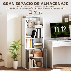 Estantería para Libros Estrecha, Librería con Puertas, Estantes Abiertos y Armario con Balda Ajustable, para Salón, Estudio, Oficina, 60x30x149,5 cm, Blanco y Marrón