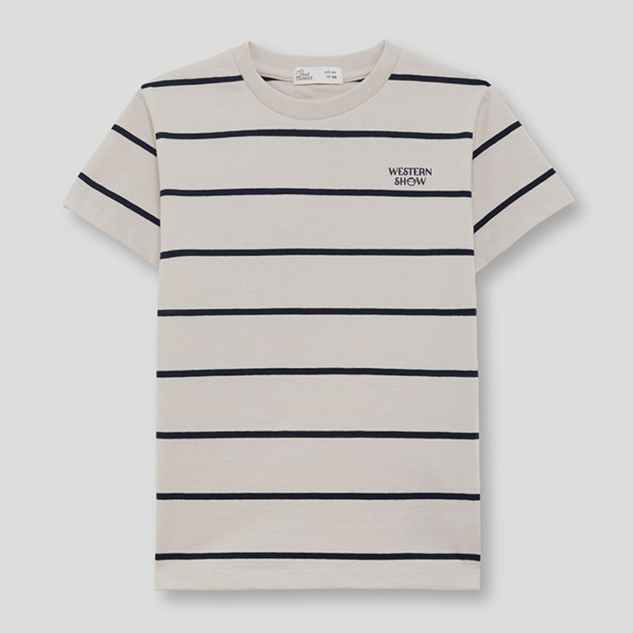 Camiseta de Manga Corta con Rayas Marineras Finas Horizontales y Texto en el Pecho | Color: Crudo | Street Monkey