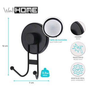 Well home gancho de hierro con abs y tapa de succión color negro