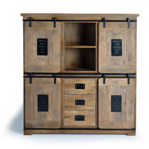 Alacena 4 puertas correderas y 3 cajones - madera de mango y metal - 160x150x45cm