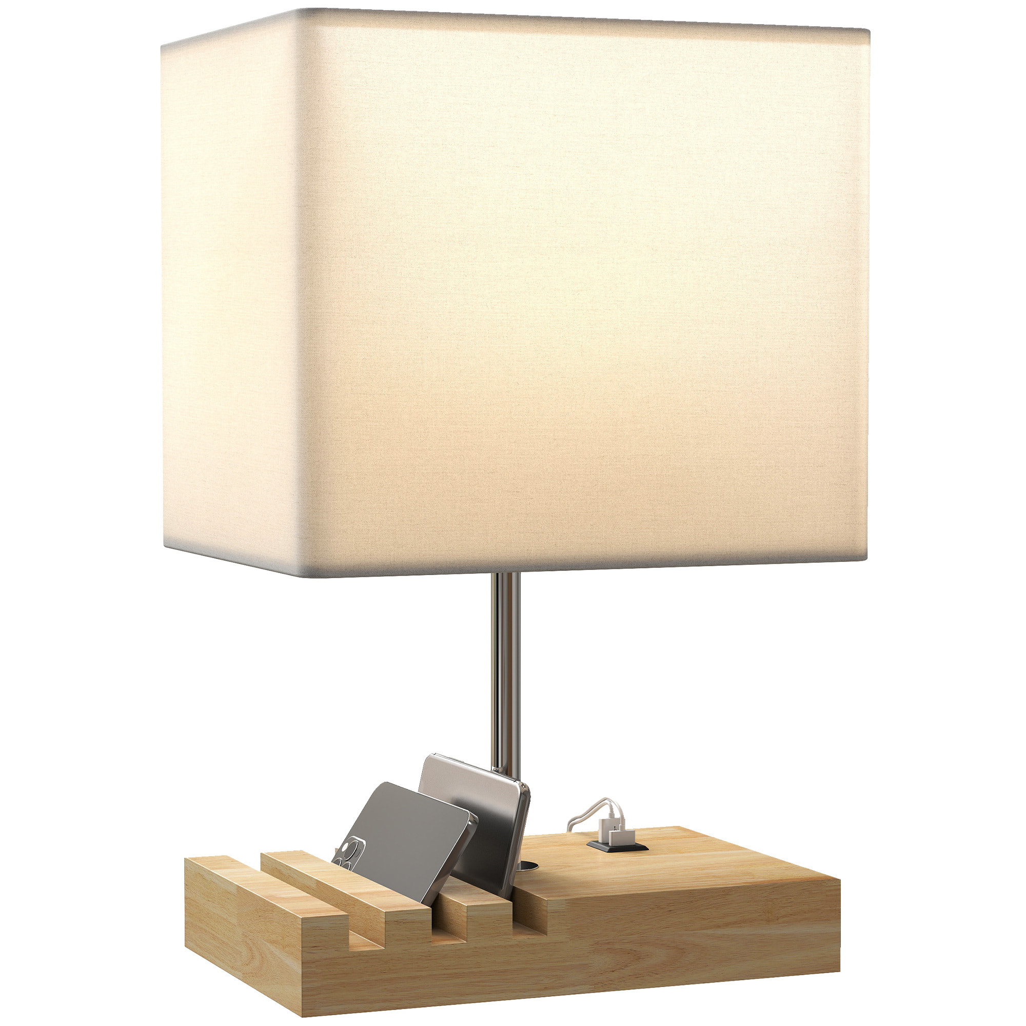 Lámpara de Mesa con Puertos USB-A/C, Tres Ranuras para Teléfonos, Lámpara de Mesita de Noche Moderno con Base de Madera y Pantalla de Tela, para Dormitorio, Salón, E27, 40W, Blanco