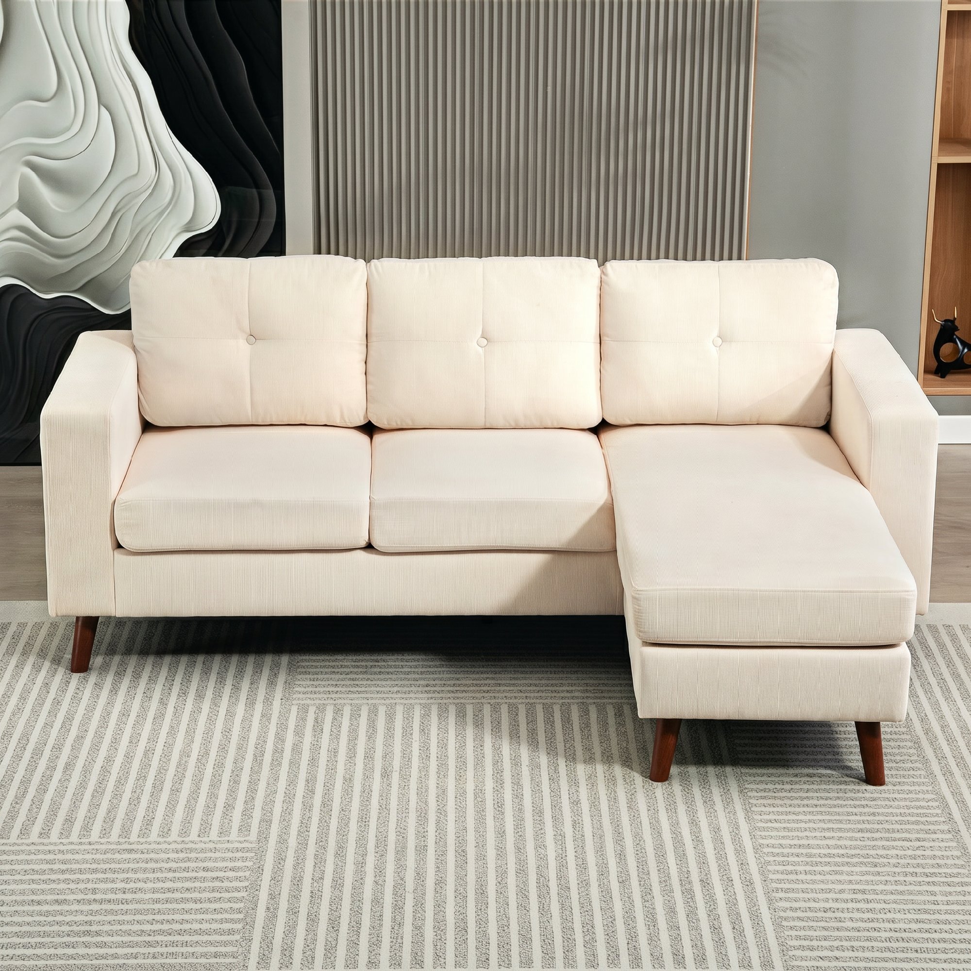 Sofá Chaise Longue Reversible, Sofá Esquinero en Forma de L de 3 Plazas, Tapizado en Pana, Marco de Acero, para Espacios Reducidos, Salón, 192x137x84 cm, Crema