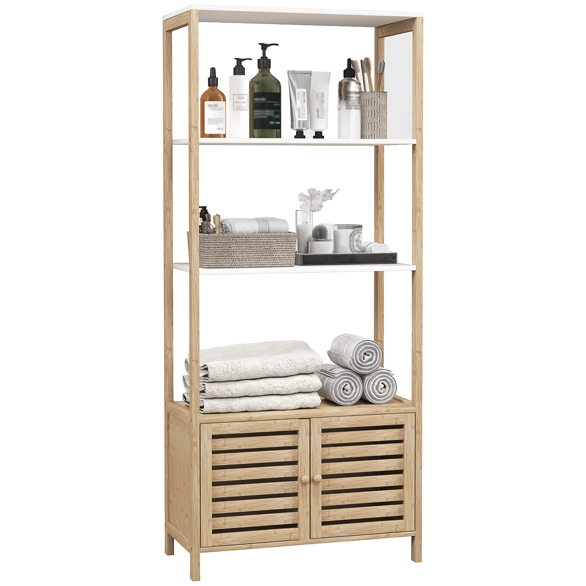 Estantería de Baño de Bambú con 3 Estantes Abiertos Estantería de Almacenaje con Puertas de Lamas 63x30x138 cm Natural y Blanco