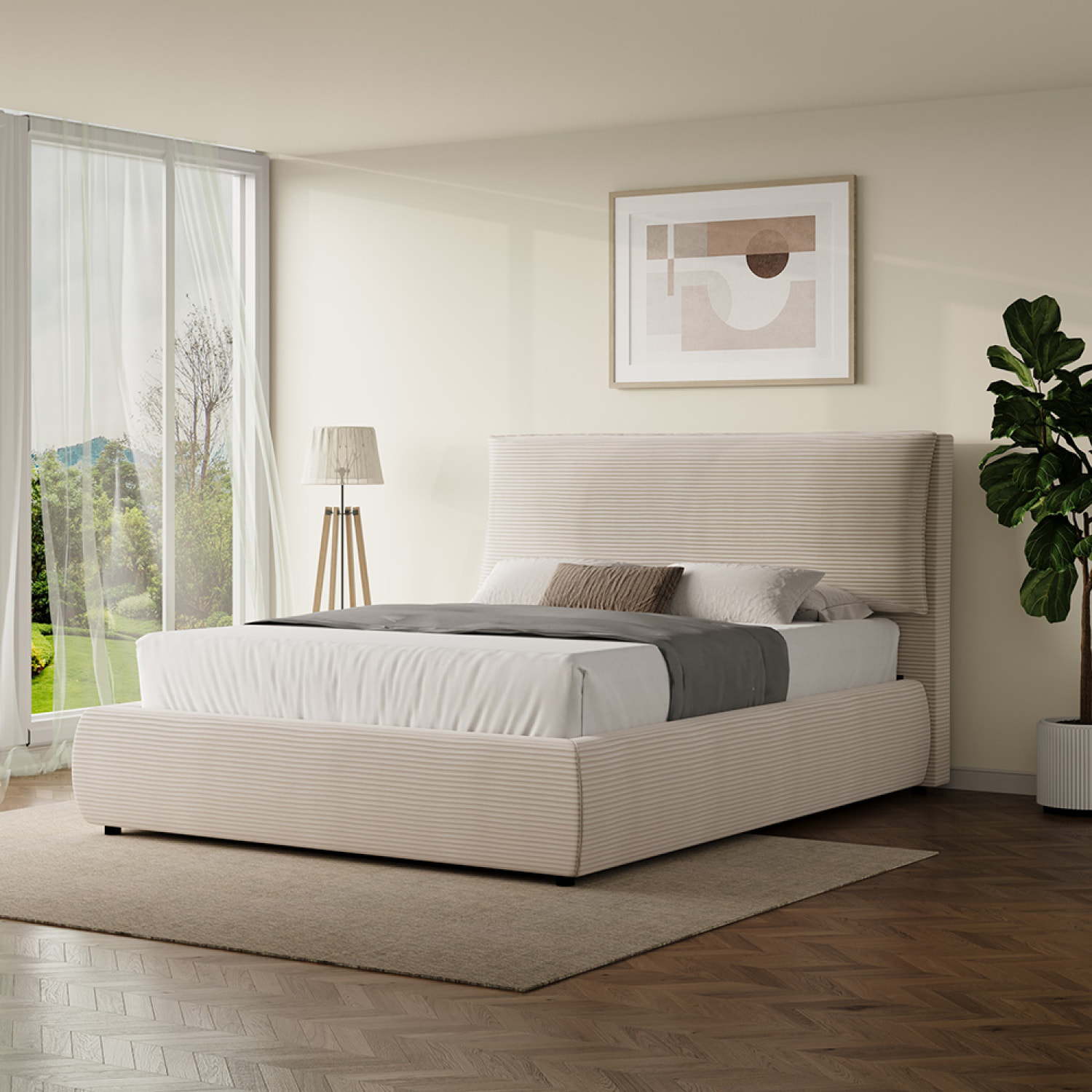 Lit avec coffre de rangement 140x190cm en velours côtelé beige GOLETA