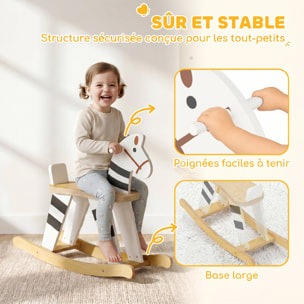 Cheval à bascule en bois - poignées, petit dossier - bois contreplaqué blanc noir