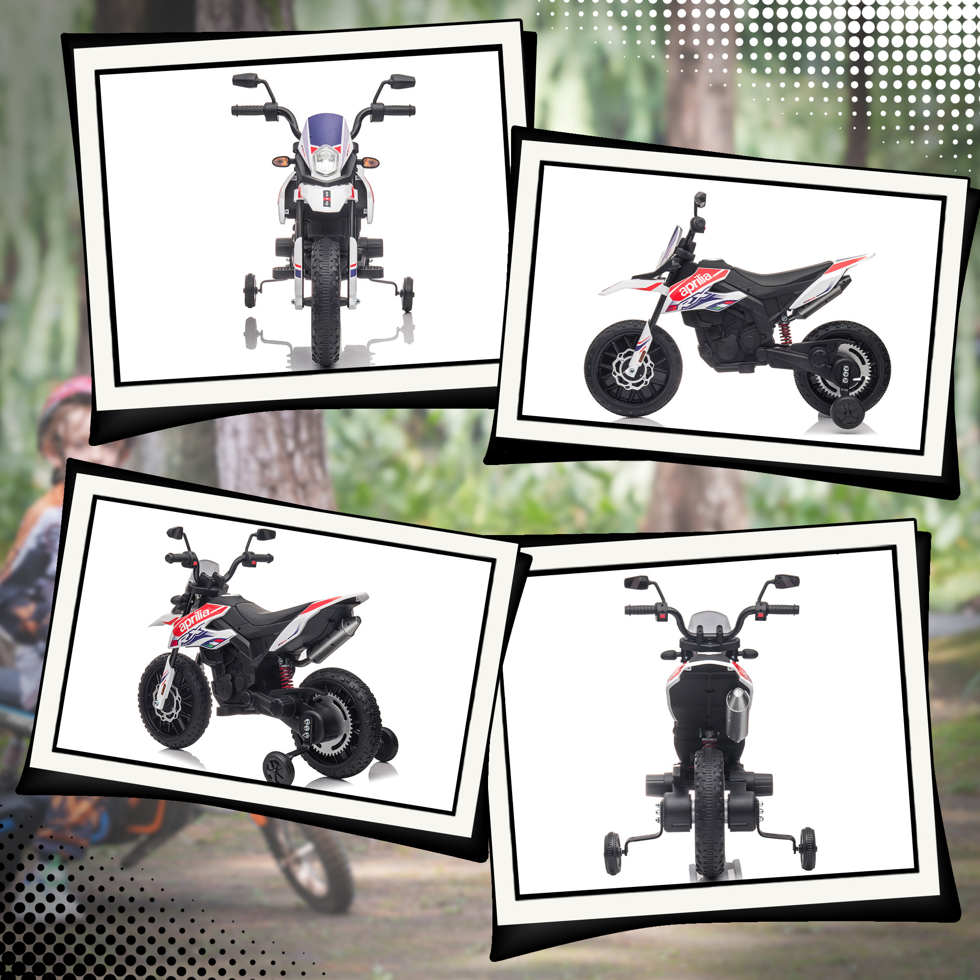 Moto Eléctrica para Niños 12V con Licencia Aprilia, Moto Eléctrica Infantil con Ruedas Auxiliares Desmontables, 6 km/h, Suspensión Trasera, Faro, Música y USB, para Niños 37-96 Meses, Blanco