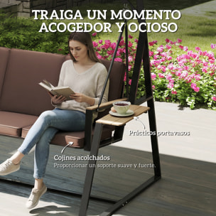 Columpio de Jardín de 3 Plazas, Balancín de Jardín Exterior con Techo Ajustable UPF50+, 2 Bandejas, Cojines y Marco de Metal, para Balcón, Terraza, Patio, Carga 360 kg, 222x131x175 cm, Marrón