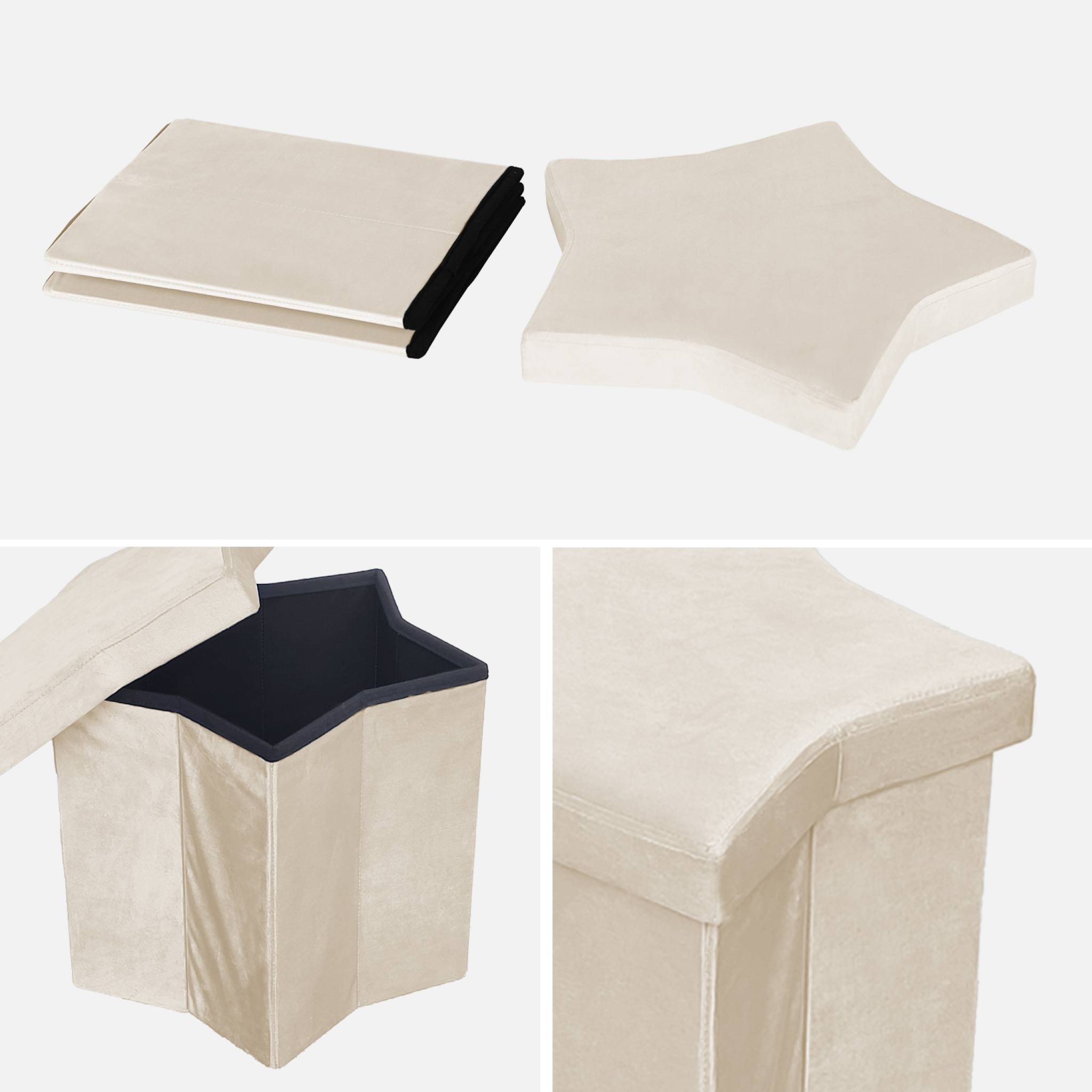 Lot de 2 tabourets-coffre pliables pour enfant avec assise en velours beige et en forme d'étoile