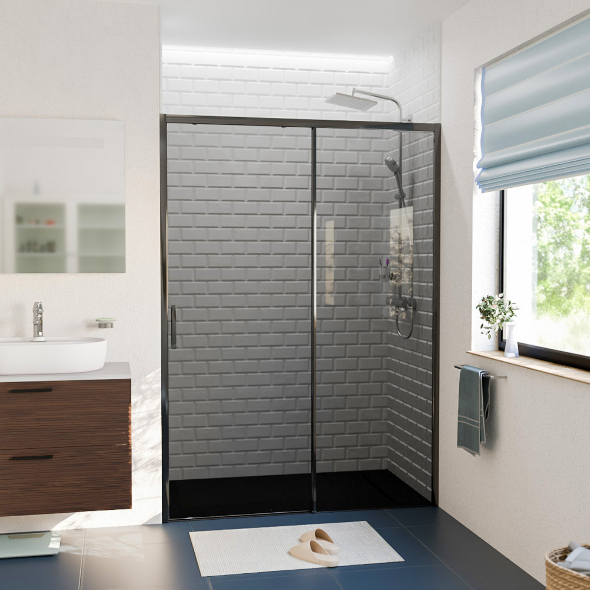 PURA Porte de douche 140x195cm coulissa40BGGnte anticalcaire avec profilés Noir mat (CERAHP1)