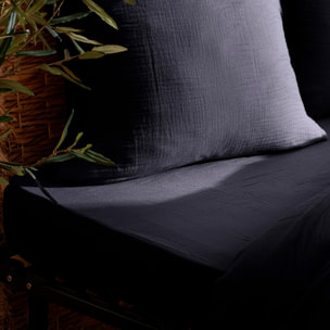Drap housse "Flora" gaze de coton bleu 160x200cm