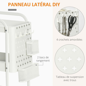 Desserte chariot de rangement en métal à roulettes 3 niveaux avec 2 range-couverts 4 crochets dim.51,5L x 32l x 75,6H cm - blanc