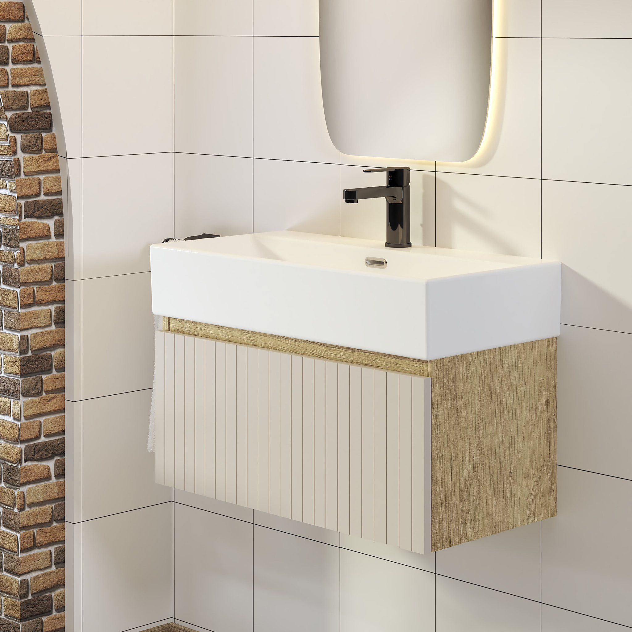 Conjunto de Baño Zel | Mueble Suspendido | 70 cm Glaciar | Un Cajón | Lavabo Encastrado | No incluye Espejo | Mueble Montado| Alday