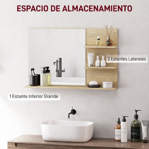 Espejo de Baño con 2 Estantes Laterales y Estante Inferior, Espejo de Pared, Estilo Moderno, para Entrada, Pasillo, 75x10x48 cm, Madera Natural