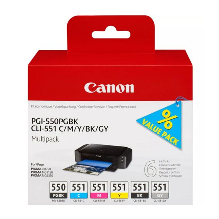 Cartouche d'encre CANON Pack Multipack 6 Originales PGI-550/CLI-551 (Noir + 5 Couleurs) - 6499B001