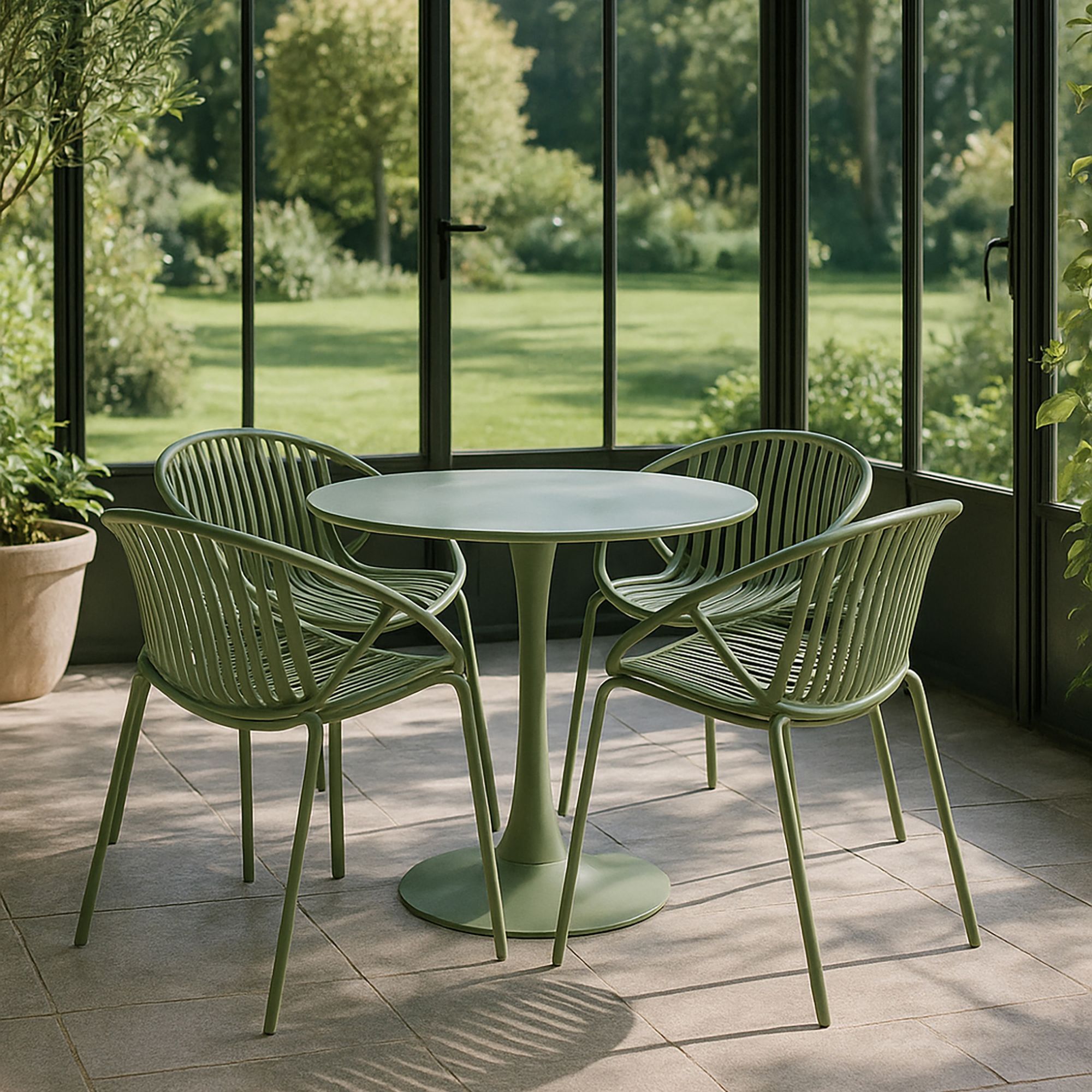 Ensemble de repas table et 4 fauteuils en polypropylène vert CALYPSO