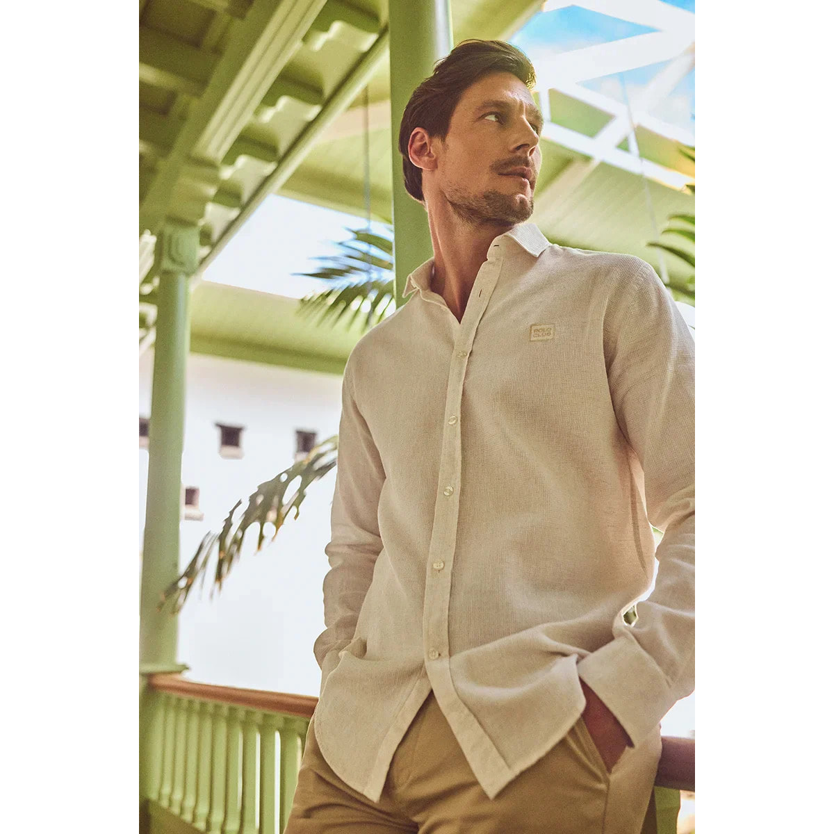 Camicia cotolino beige vigorè con ricamato Polo Club