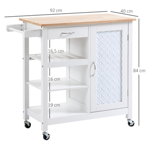 Desserte de cuisine style contemporain - porte, tiroir, 3 étagères - poignées métal MDF blanc plateau bois pin