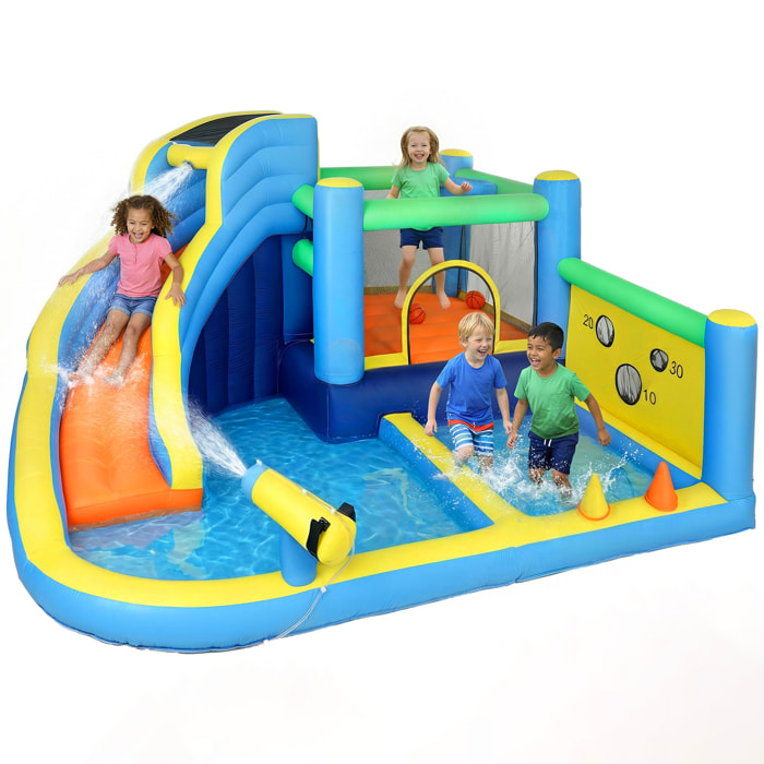 Castillo Hinchable Acuático 8 en 1 con Soplador 550W Castillo Hinchable Niños con Tobogán Zona de Salto Escalada Piscinas Canasta Lanzamiento de Aros Anillas Exterior Interior 350x320x190 cm