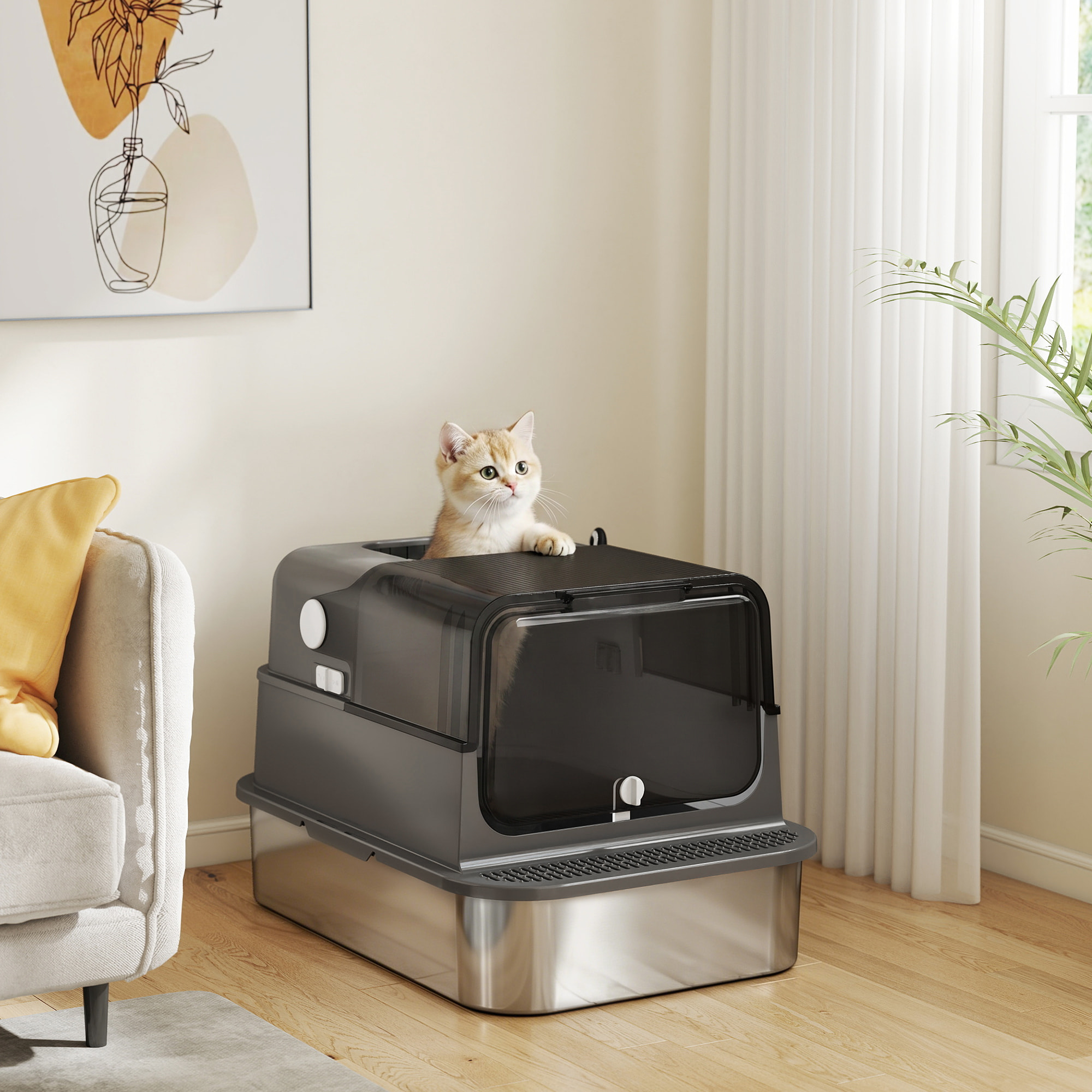 Arenero para Gatos de Acero Inoxidable XXL, Caja de Arena para Gatos Grandes, Arenero con Tapa Abatible, Laterales Altos, Entrada Superior, Pala, sin Olores, Fácil de Limpiar, Antifugas, Negro