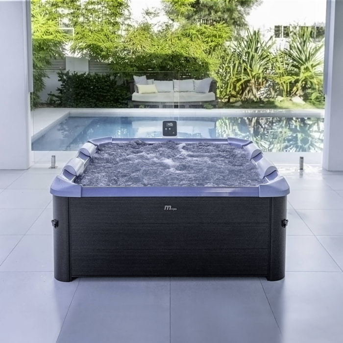 Spa rigide 6 places hydromassages. 4 coussins + bâche incluse. OSLO SAPPHIRE. L 160 x P 160 x H 65 cm. gris et bleu sapphire