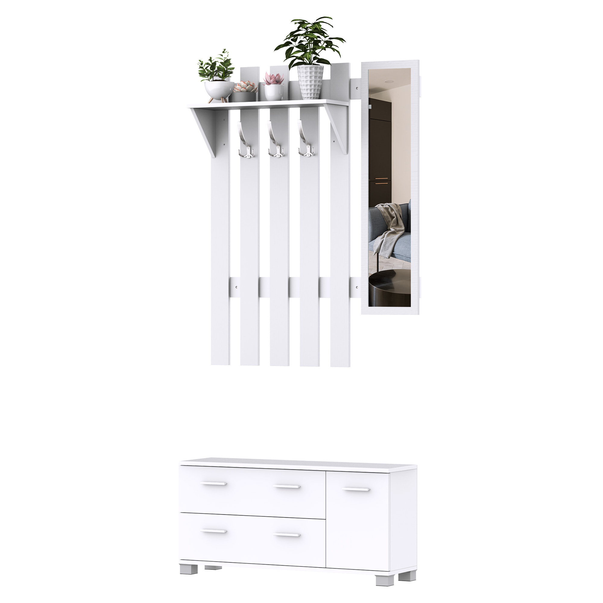 Conjunto de Recibidor de Entrada con Espejo Perchero y Zapatero Muebles de Entrada con 3 Ganchos Estante y 2 Cajones para Pasillo Blanco