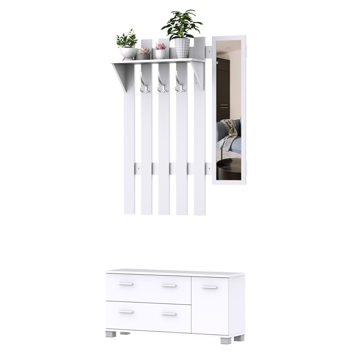 Conjunto de Recibidor de Entrada con Espejo Perchero y Zapatero Muebles de Entrada con 3 Ganchos Estante y 2 Cajones para Pasillo Blanco