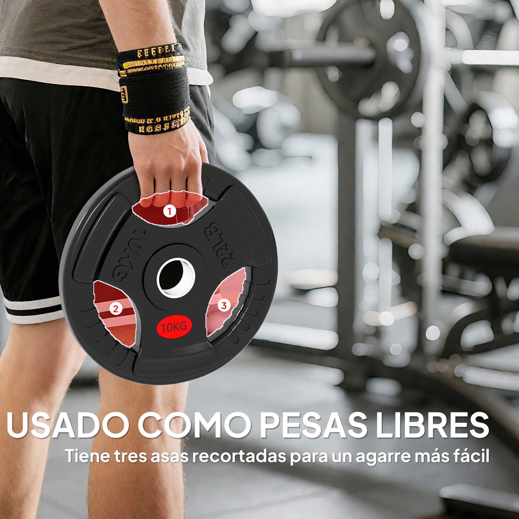 Discos Pesas Olímpicas, Agujero Ø50 mm, 2 Discos de Pesas 10 kg con Anillo Interior de Acero y Triple Agarre, para Mancuernas y Barras, Entrenamiento Fitness en Casa, Gimnasio, Negro