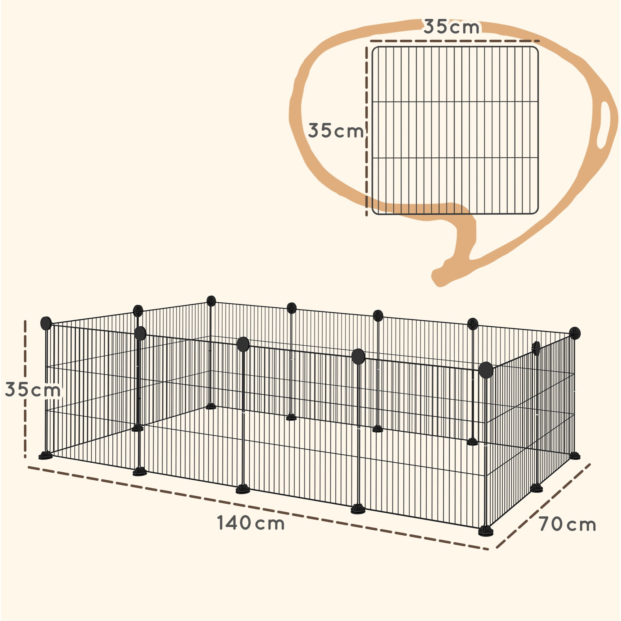 Cage parc enclos animaux domestiques L 140 x l 70 x H 35 cm bords arrondis fil métallique noir