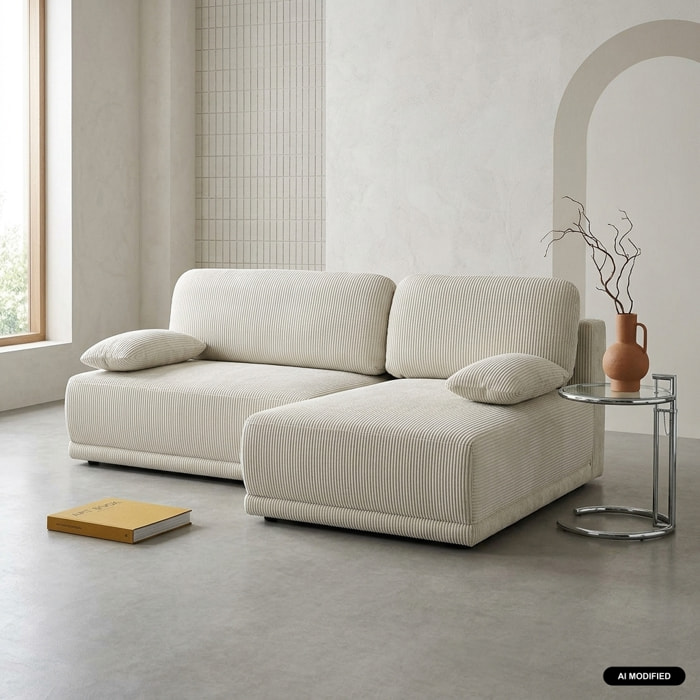 Banquette canapé d'angle droit convertible 3 places velours côtelé avec coffre NELSON