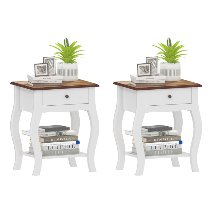 Pack de 2 Mesitas de Noche Mesillas de Noche Dormitorio con Cajón Estante Abierto y Tapa Efecto Roble Estilo Francés para Salón 45x35x55 cm Blanco y Roble