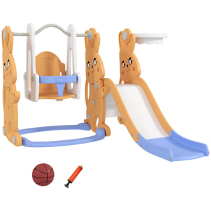 Tobogán Infantil 4 en 1 Columpio y Tobogán Trepador Aro de Baloncesto Temática de Conejo Parque Infantil para Interior y Exterior Naranja